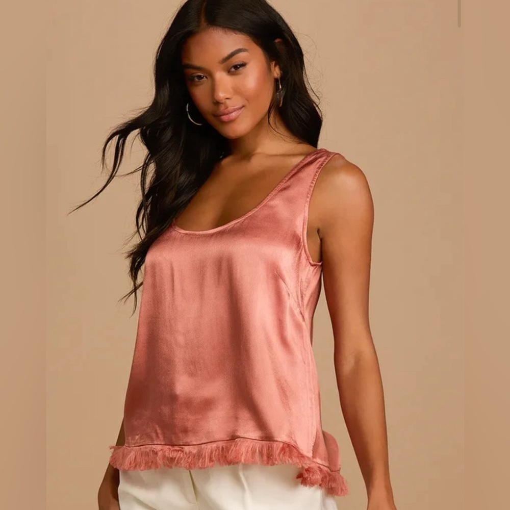 Rose Pink Satin Fray Hem Tank Top